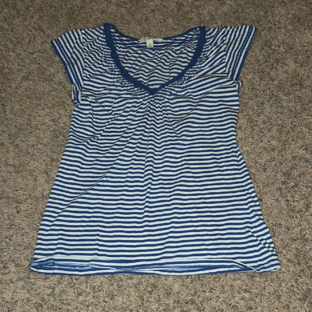 Energie Navy and White Striped V-Neck Short Sleeve Tee